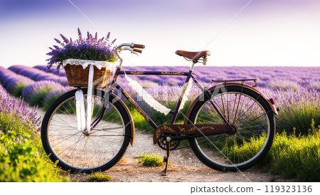 Vintage bicycle with a basket full of lavender is standing in a lavender field at sunset 119323136