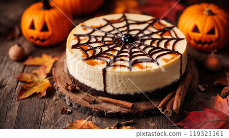 Halloween pumpkin cheesecake decorated with chocolate spider web on wooden background 119323161