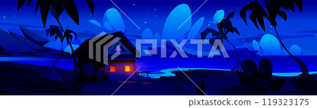 Old wooden house against night river landscape Old wooden house against night river landscape 119323175