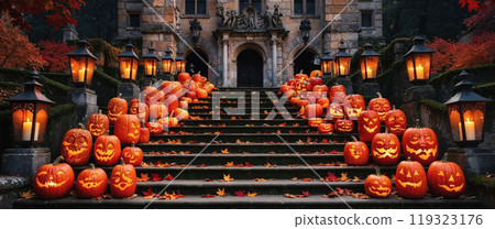 Halloween pumpkins decorating staircase of a luxury mansion 119323176