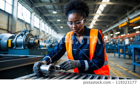 Female factory worker is measuring a steel part using a caliper while working on a production line 119323177