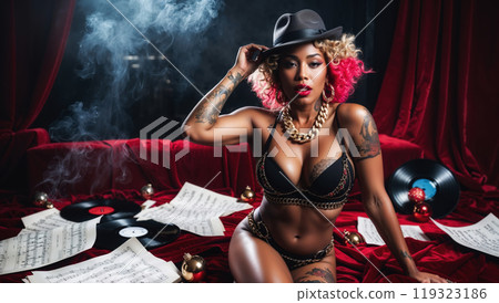 Sensual woman posing on red velvet surrounded by music notes and vinyl records 119323186