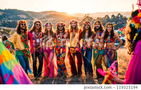 Group of people posing in hippie costumes for advertising concept Group of people posing in hippie costumes for advertising concept 119323194