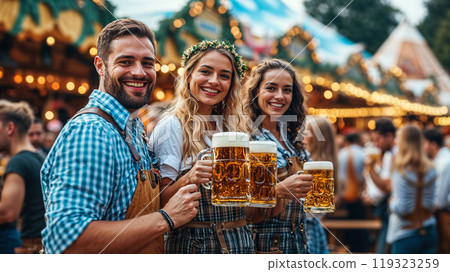 Friends holding beer steins celebrating at Oktoberfest Friends holding beer steins celebrating at Oktoberfest 119323259