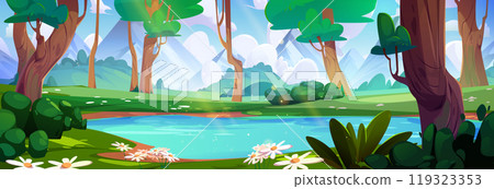 Beautiful spring forest with blue lake Beautiful spring forest with blue lake 119323353