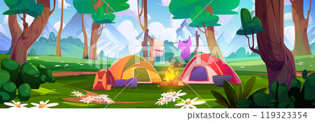 Summer mountain forest camp tent vector background Summer mountain forest camp tent vector background 119323354