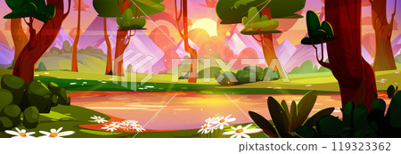 Sunset on forest lake with mountain view cartoon 119323362