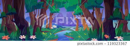 Rain in forest with river nature cartoon landscape Rain in forest with river nature cartoon landscape 119323367