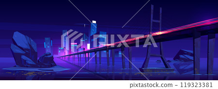 Neon city light and speed bridge road above sea Neon city light and speed bridge road above sea 119323381