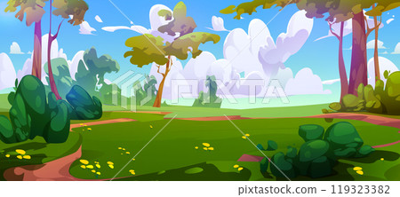 Green grass meadow with tree cartoon background Green grass meadow with tree cartoon background 119323382