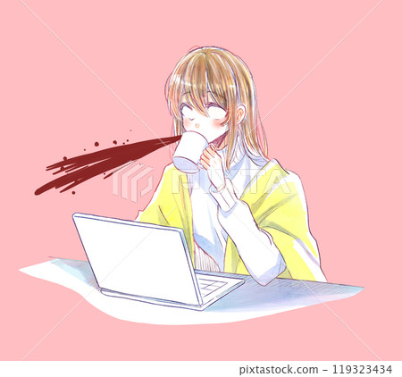 白眼女子操作電腦時噴出飲料 白眼女子操作電腦時噴出飲料 119323434