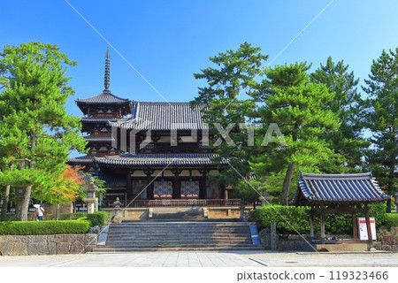 [Nara Prefecture] Horyu-ji Temple on a clear day: Five-story pagoda and inner gate 119323466