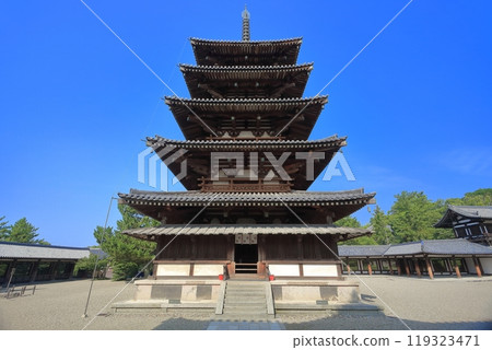 [Nara Prefecture] Five-storied pagoda at Horyu-ji Temple under a clear sky 119323471