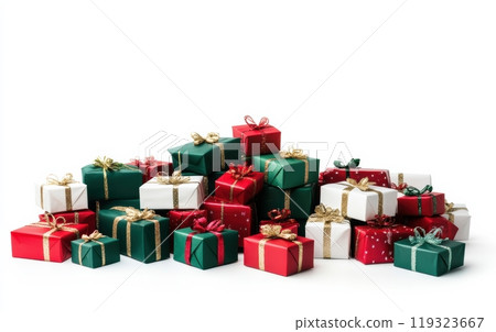 Pile of Colorful Christmas Presents with Gold Ribbons 119323667