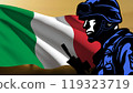 The Italian flag waving, and on the left, the silhouette of a soldier in blue camouflage 119323719