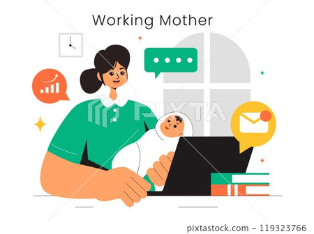 Working Mother Vector Illustration featuring a Mother who Juggles Work and Childcare at Home, Multitasking in a Flat Style Cartoon Background 119323766