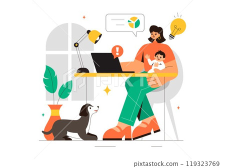 Working Mother Vector Illustration featuring a Mother who Juggles Work and Childcare at Home, Multitasking in a Flat Style Cartoon Background 119323769
