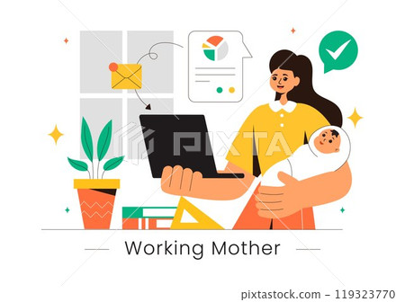Working Mother Vector Illustration featuring a Mother who Juggles Work and Childcare at Home, Multitasking in a Flat Style Cartoon Background 119323770