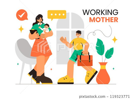 Working Mother Vector Illustration featuring a Mother who Juggles Work and Childcare at Home, Multitasking in a Flat Style Cartoon Background 119323771