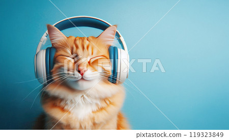 Portrait of a ginger cat wearing wireless headphones on a gray background 119323849