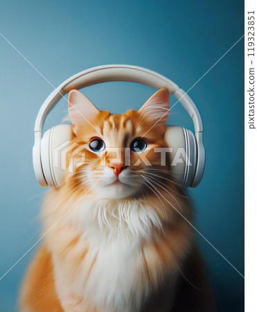 Portrait of a ginger cat wearing wireless headphones on a gray background 119323851