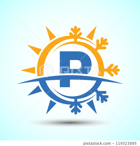 Initial alphabet with abstract sun and snow. Air conditioner logo sign, Hot and cold symbol 119323895