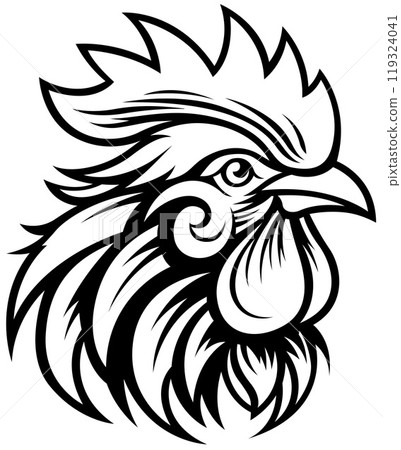 Black Drawing of Rooster Head 119324041