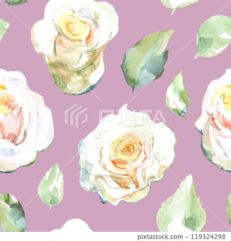 Seamless pattern of white roses with green leaves in collection garden flowers. Watercolor illustration for floral design of fabrics, kitchen towel, textiles, weaving, wallpaper, wrapping paper. Hand Seamless pattern of white roses with green leaves in collection garden flowers. Watercolor illustration for floral design of fabrics, kitchen towel, textiles, weaving, wallpaper, wrapping paper. Hand 119324298
