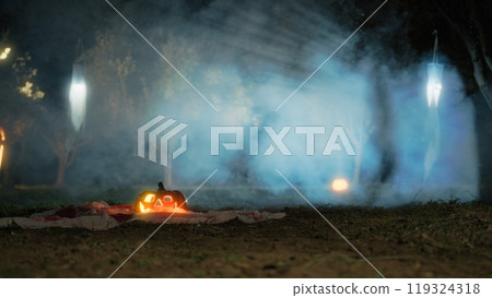 Foggy Forest With Halloween Pumpkin And Trees On The Night Of Terror Among Ghost 119324318