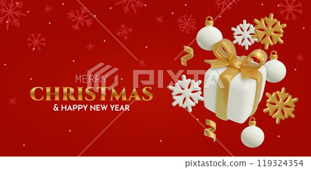 Merry Christmas greeting card template with 3d realistic present box gold ribbons and snowflakes Merry Christmas greeting card template with 3d realistic present box gold ribbons and snowflakes 119324354