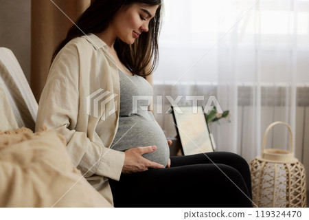 Midsection portrait of happy, beautiful, young careless pregnant woman, lady holding her baby bump, belly with hands. Sitting on sofa near window at home. Mother-to-be. Precious moment in life 119324470