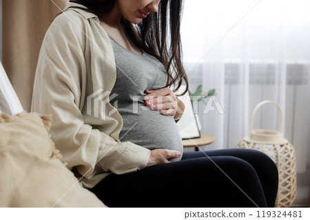 Midsection portrait of happy, beautiful, young careless pregnant woman holding, touching her baby bump, belly with arms. Sitting on sofa near window at home. Mother-to-be. Precious moment in life 119324481