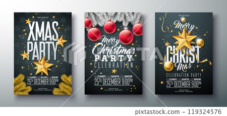 Vector Merry Christmas Party Flyer Design with Ornamental Glass Ball and Fir Branch on Black Background. Holiday Season Celebration Poster Illustration Set with Typography Letter for Greeting Card Vector Merry Christmas Party Flyer Design with Ornamental Glass Ball and Fir Branch on Black Background. Holiday Season Celebration Poster Illustration Set with Typography Letter for Greeting Card 119324576