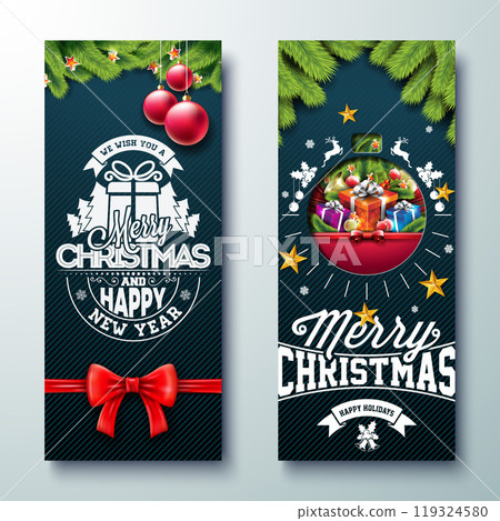 Merry Christmas and Happy New Year Banner Design Set with Gold Glass Ball, Star and Fir Branch on Black Background. Vector Holiday Season Illustration for Greeting Card, Party Flyer, Celebration 119324580