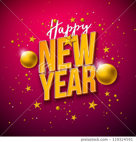 2025 Happy New Year Illustration with 3d Typography Lettering, Christmas Ball and Golden Star on Red Background. Holiday Design or Flyer, Banner, Greeting Card, Celebration Poster, Party invitation or 119324591