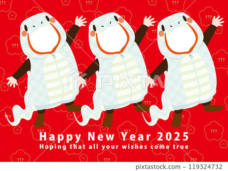 Vector illustration for New Year's cards for the Year of the Snake (for three people in white snake costumes) that can be fitted with a photo face 119324732