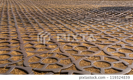 ancient 19th century pavement made of round cast iron blocks 119324839