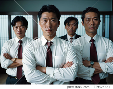 A group of male employees stood there with their arms crossed and serious expressions on their faces. A group of male employees stood there with their arms crossed and serious expressions on their faces. 119324865