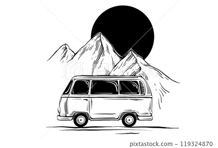 Minimalist hand drawn Sun over mountains and motorhome. Vector illustration in linear drawing style travel car or pickup truck for adventure or camping on isolated background. 119324870