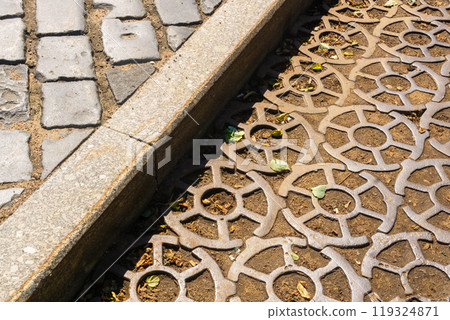 ancient 19th century pavement made of round cast iron blocks 119324871