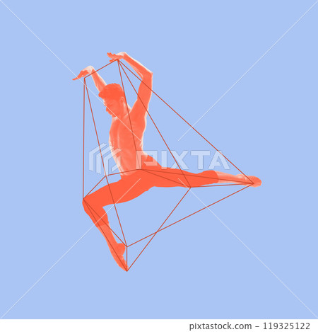 Athletic man, ballet dancer, framed within geometric lines, expresses balance of power and grace on pastel blue background. Contemporary art collage. 119325122