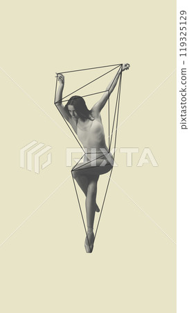 Elegant young woman, ballerina dancing on pastel yellow background with geometric elements. Contemporary art collage. Elegant young woman, ballerina dancing on pastel yellow background with geometric elements. Contemporary art collage. 119325129