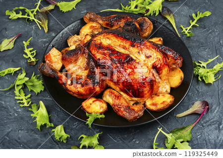 Whole baked chicken. Whole baked chicken. 119325449