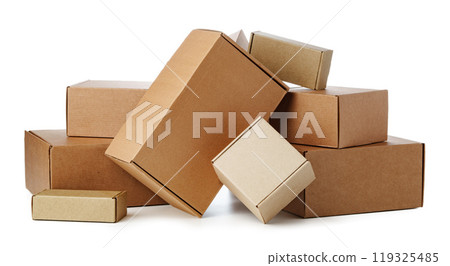 Stacked brown cardboard boxes in various sizes arranged on a white background Stacked brown cardboard boxes in various sizes arranged on a white background 119325485