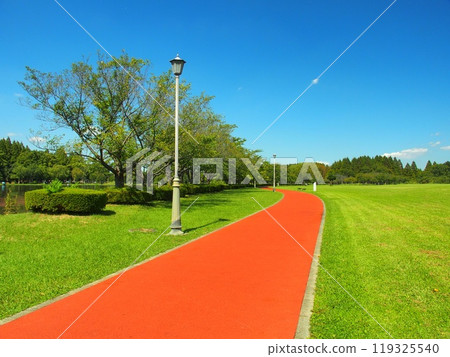 秋天的美里公園風景與紅色長廊 119325540