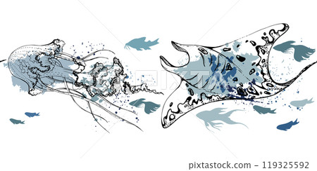 Marine life, sea ocean underwater creatures fish, shells algae seaweed, Ink and pen sketch hand drawn. Seamless banner illustration, stylized, isolated on white. For zoo shop, aquarium, fabric decor Marine life, sea ocean underwater creatures fish, shells algae seaweed, Ink and pen sketch hand drawn. Seamless banner illustration, stylized, isolated on white. For zoo shop, aquarium, fabric decor 119325592