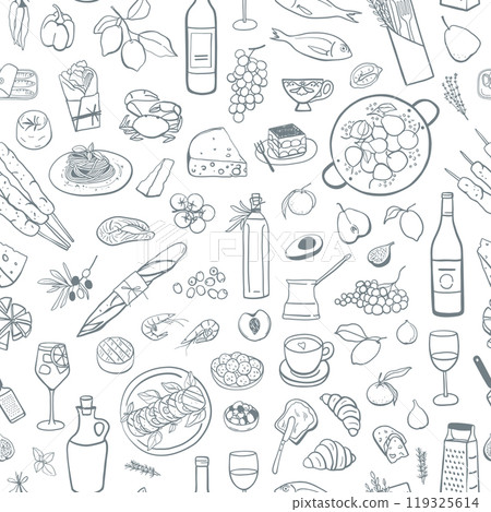 Hand drawn mediterranean food seamless pattern Hand drawn mediterranean food seamless pattern 119325614