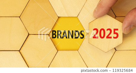 Planning brands 2025 new year symbol. Concept words Brands 2025 on beautiful wooden puzzle. Beautiful wooden background. Businessman hand. Business brands 2025 new year concept. Copy space. 119325684