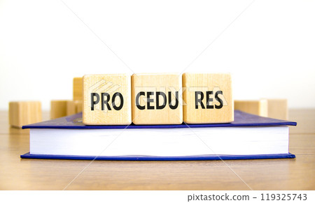 Procedures symbol. Concept word Procedures on beautiful wooden blocks. Beautiful wooden table white background. Beautiful book. Business procedures concept. Copy space. 119325743