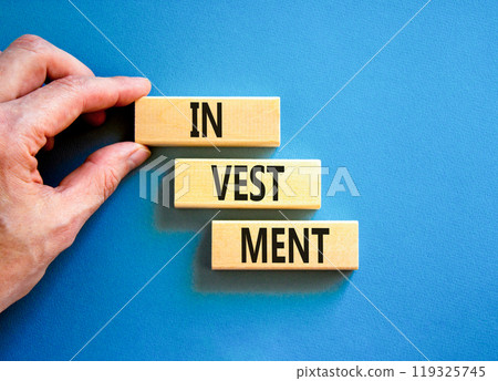 Investment symbol. Concept word Investment on beautiful wooden blocks. Businessman hand. Beautiful blue background. Business investment concept. Copy space. 119325745